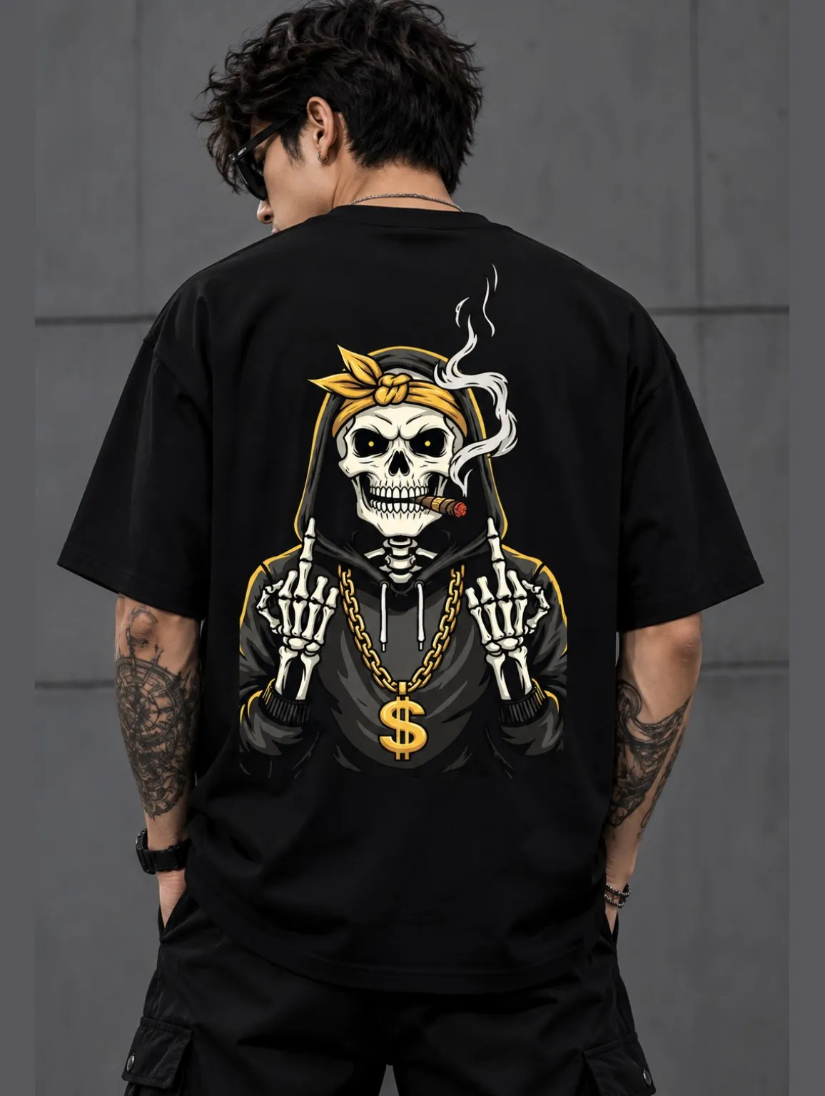 Smoking Skeleton / Bandana Skull Oversized Streetwear Graphic T-Shirt