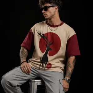 Men’s Oversized Beige & Maroon Colourblock T-Shirt – Red Sun Stag Graphic