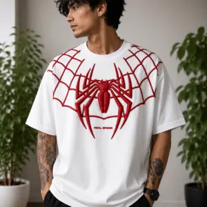 Men’s Oversized White 3D Spider Web Graphic T-Shirt – “Real Spider” Embossed Print