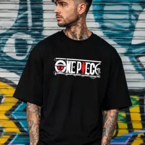 Men’s Oversized Black One Piece Anime Printed T-Shirt – Straw Hat Logo