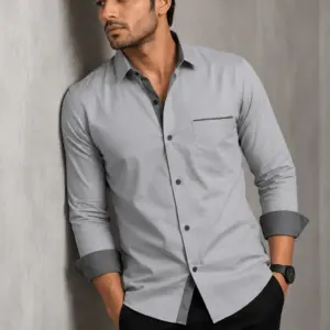 Men’s Slim Fit Light Grey Solid Full Sleeve Shirt with Dark Grey Contrast Details